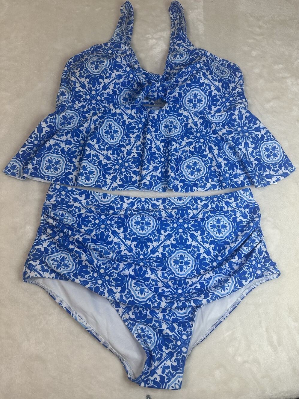 Hanna Nikole Blue White Peplum High Waisted 2-pc Padded Swimsuit Cutout 16W NEW